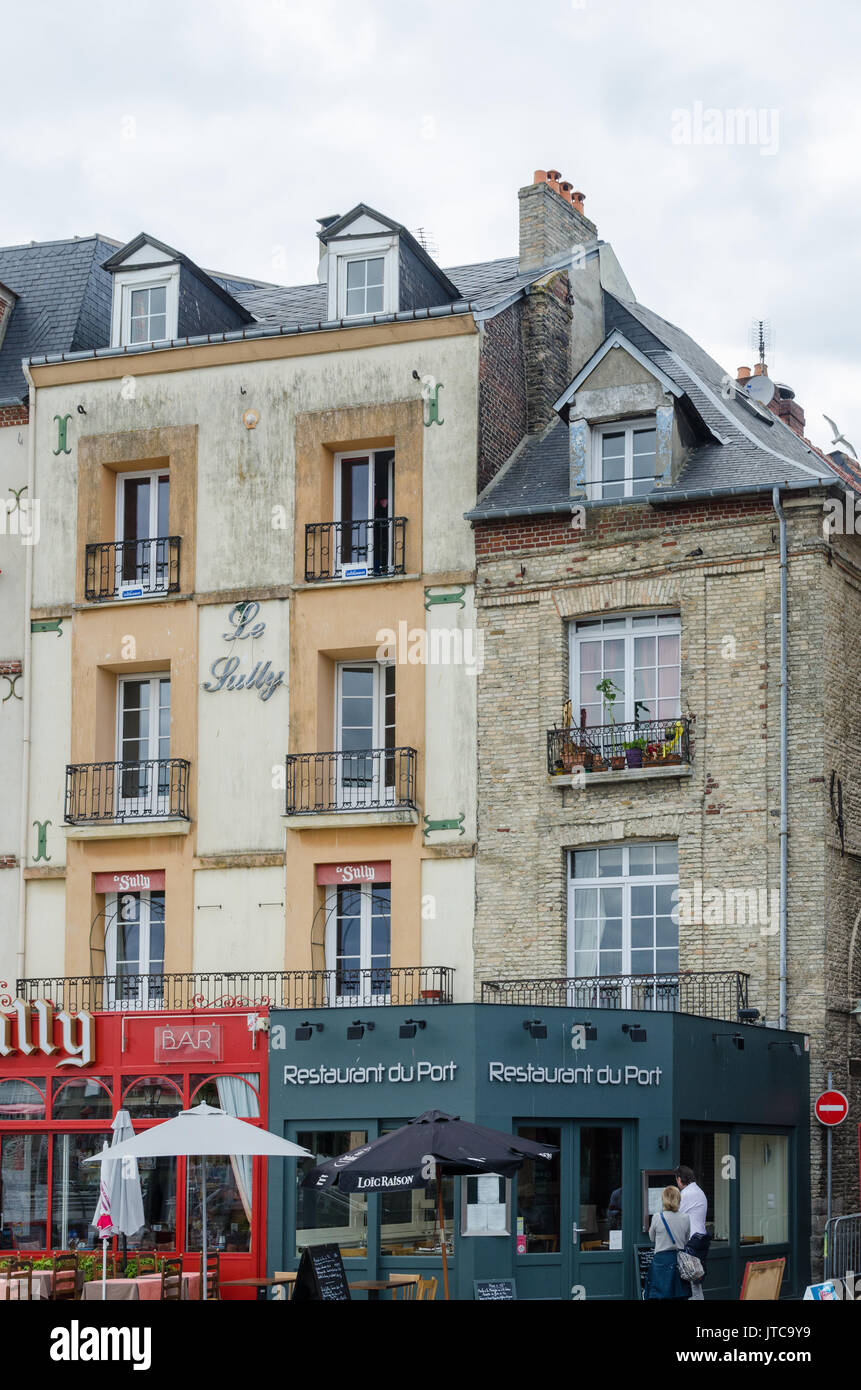 Restaurants line Quai Henri IV facing the Harbour in the French port town of Dieppe in Normandy, Northern France Stock Photo