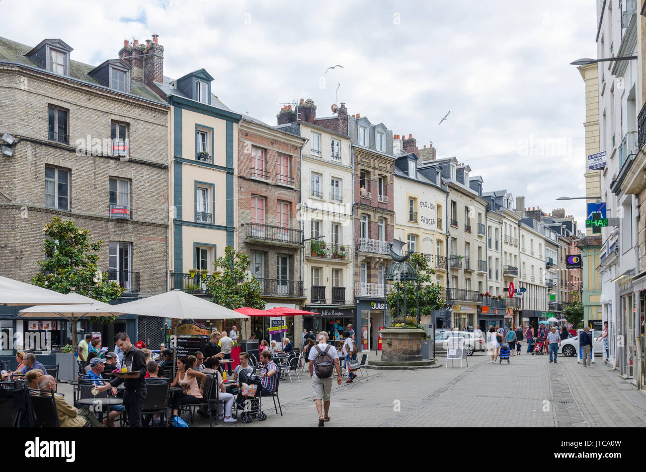 Shops and cafes lining the Grande Rue high street in the centre of Dieppe, the French port town in Normandy, Northern France Stock Photo