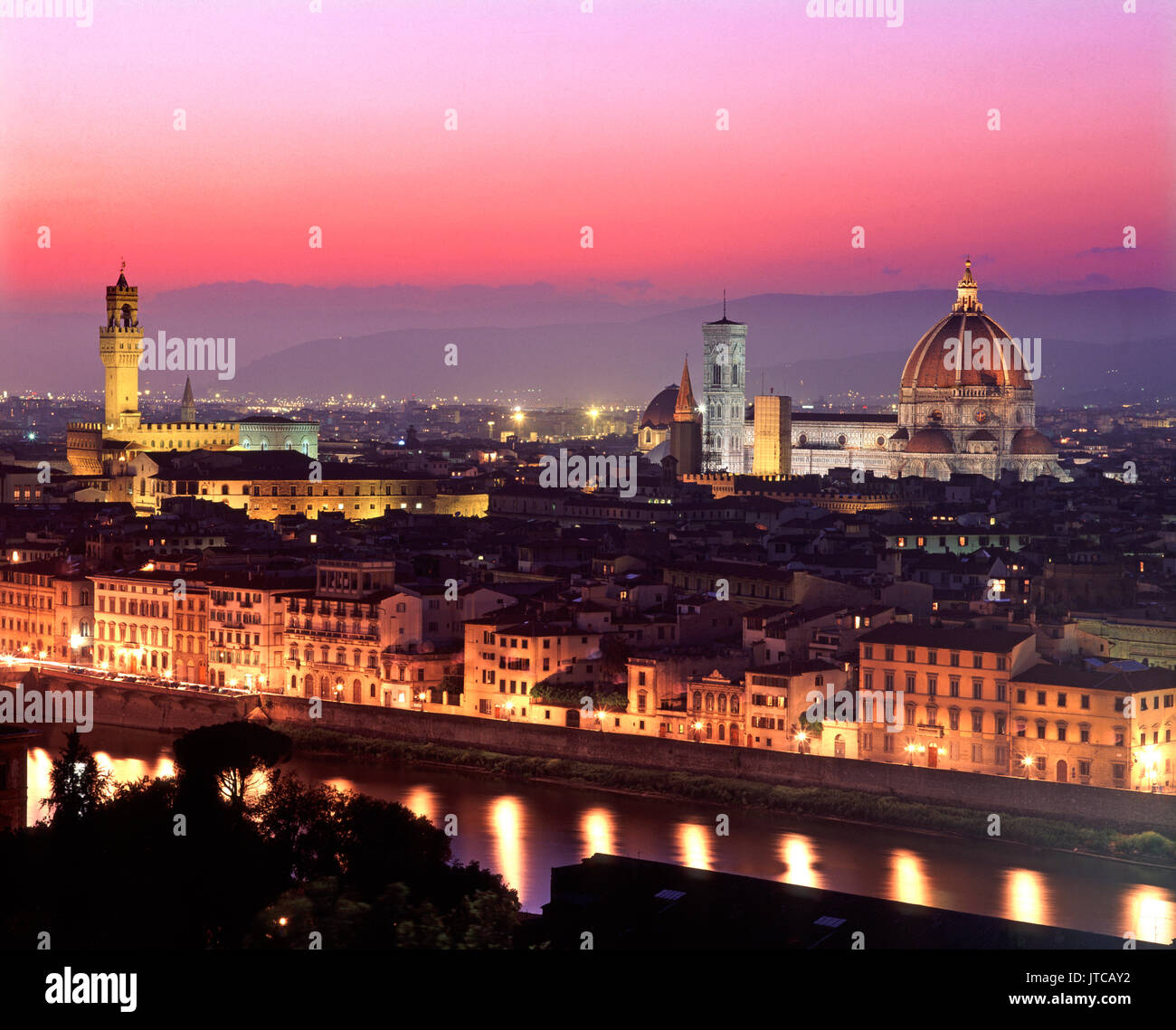 Overview of Florence at dusk from Piazzale Michelangelo with city of Florence in background, Lombardy, Italy Stock Photo