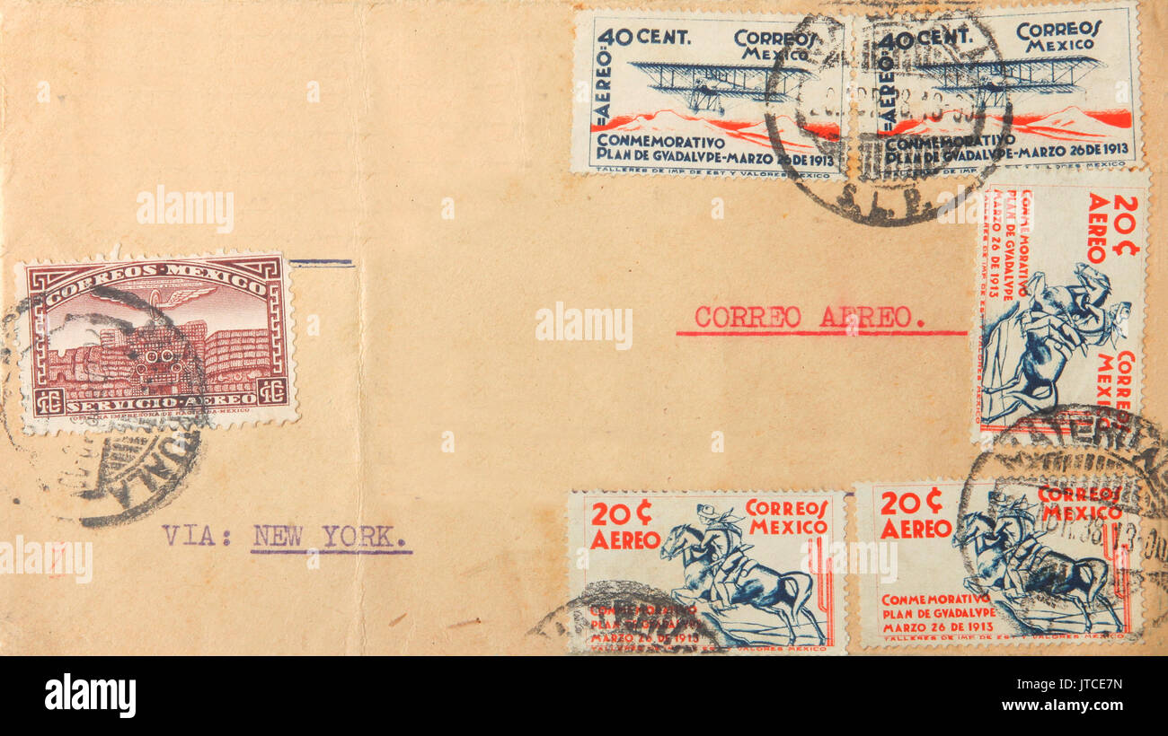 Big brown envelope with many Mexican postage stamps sent as airmail via New York Stock Photo