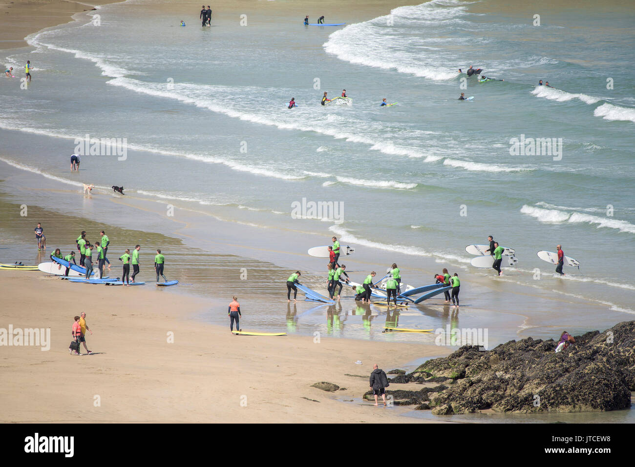 Surf schools on Towan Beach in Newquay, Cornwall. Stock Photo