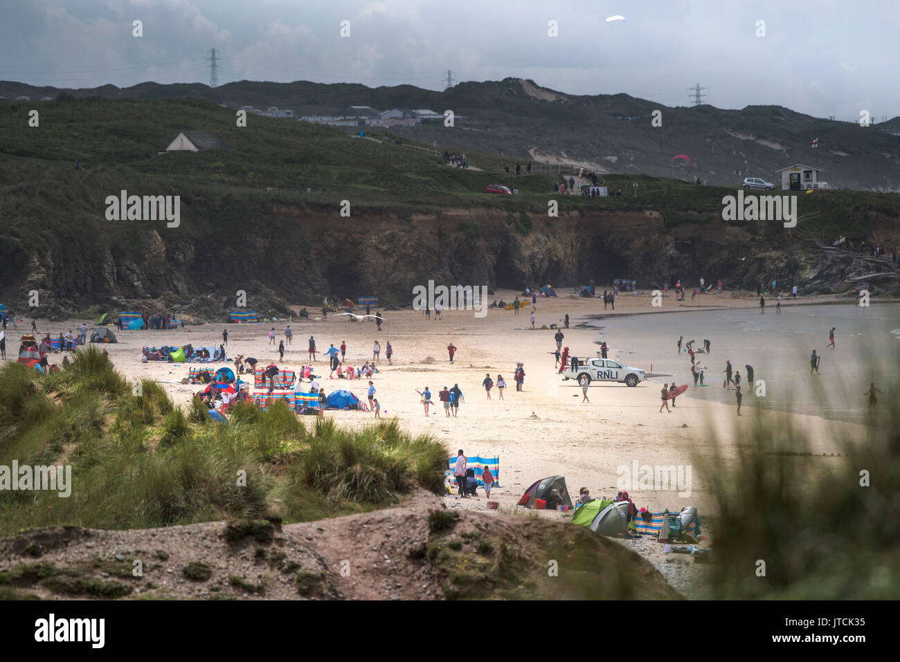 Sunlight on Gwithian Towans beach in Cornwall. Stock Photo