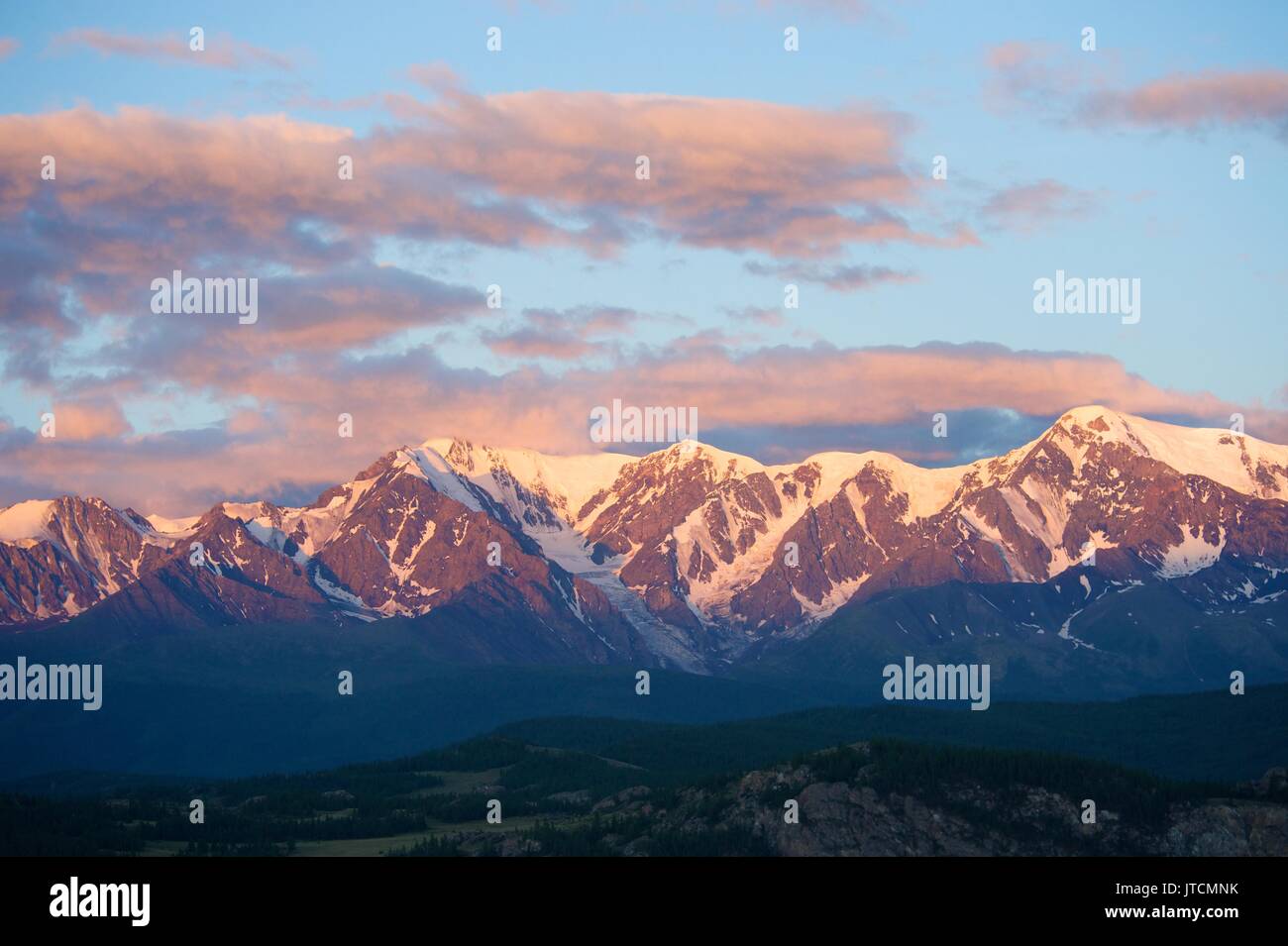 Altai mountains in Kurai area with North Chuisky Ridge on background. Stock Photo