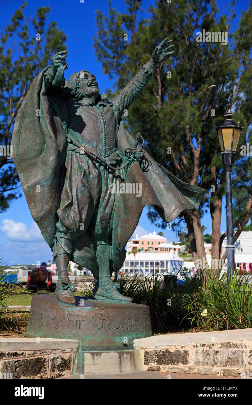 Sir George Somers Statue, Ordnance Island, Town of St. George, St. George's Parish, Bermuda Stock Photo