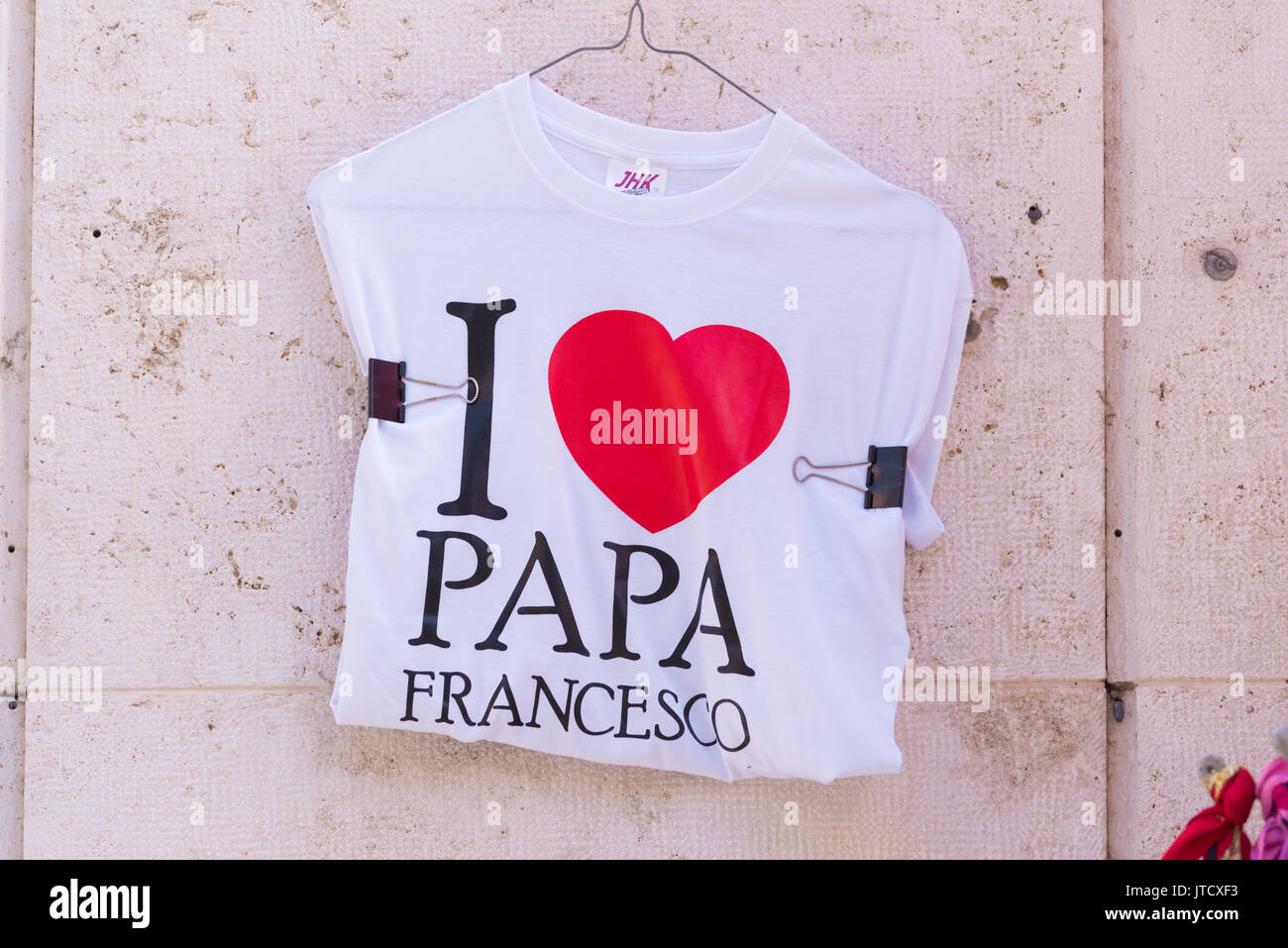VATICAN CITY, VATICAN - OCTOBER 16, 2016: Touristis shirt with large red love heart saying I love papa francesco Stock Photo