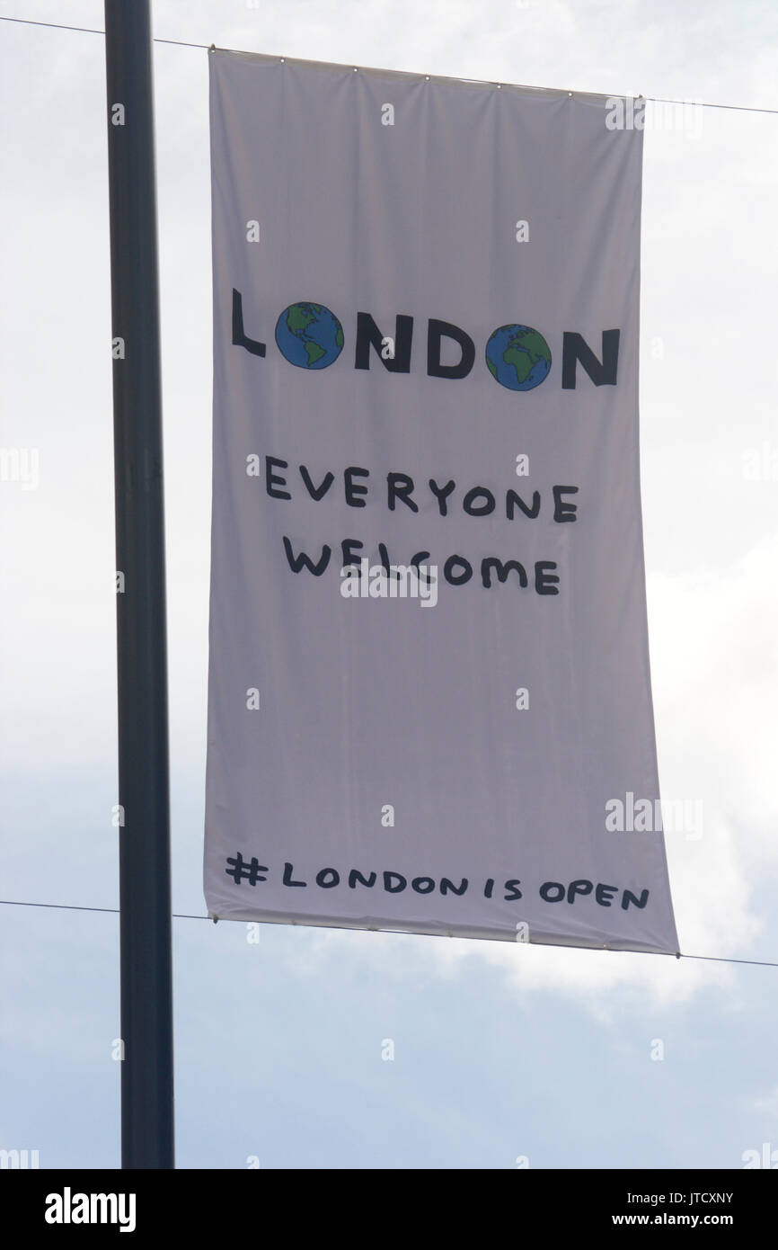 London: everyone welcome. London is open. Banner promoting London in Oxford Street, London Stock Photo