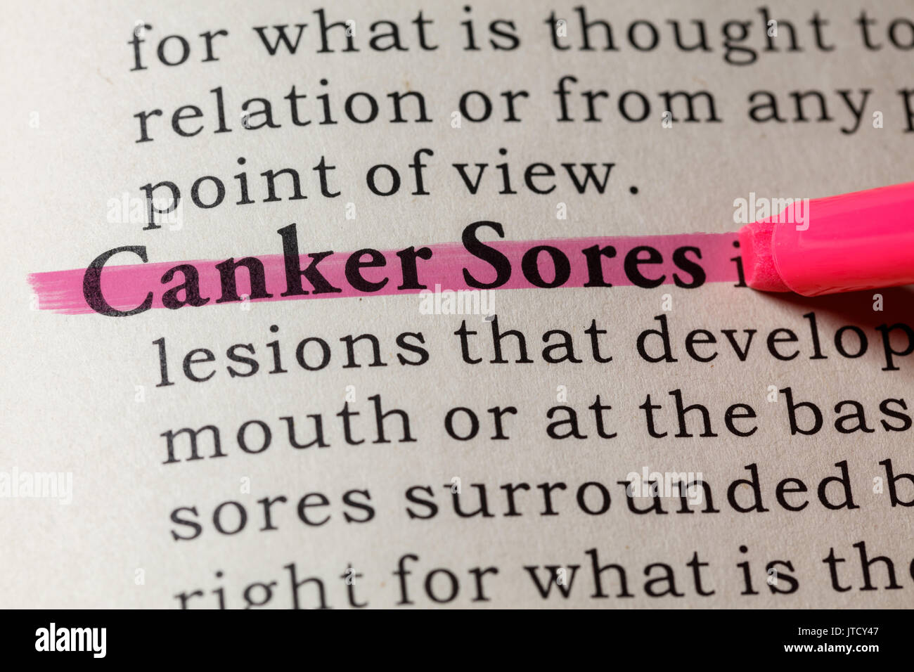 Fake Dictionary, Dictionary definition of the word Canker Sores. including key descriptive words. Stock Photo