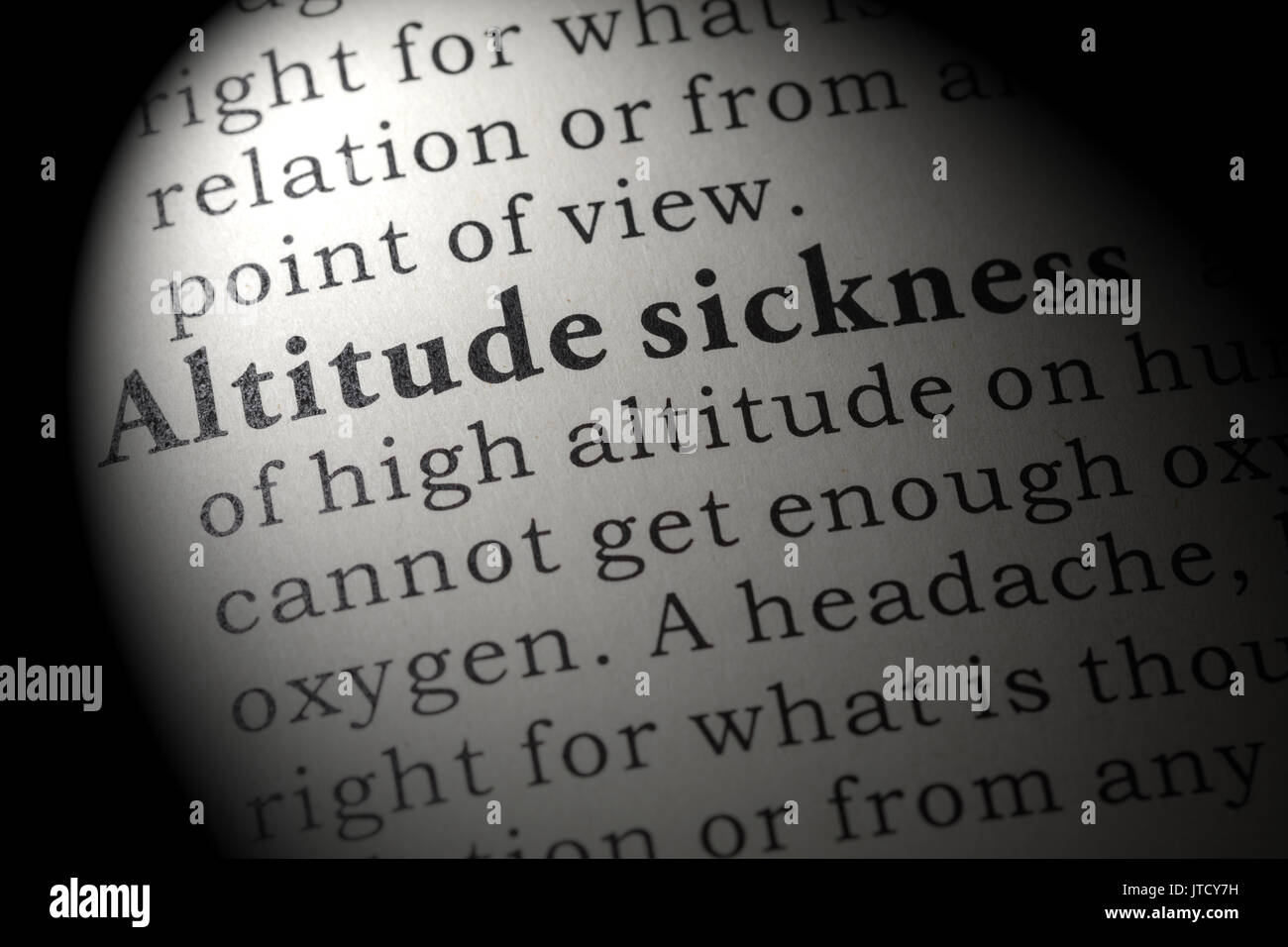 Fake Dictionary, Dictionary definition of the word Altitude sickness. including key descriptive words. Stock Photo