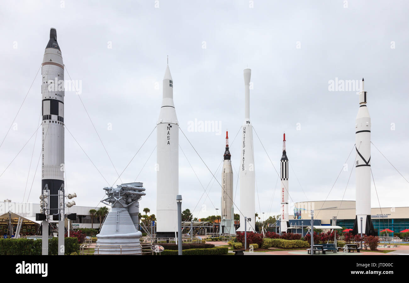 The Rocket Garden at Kennedy Space Center.  It is the launch site for every United States human space flight since 1968. Stock Photo