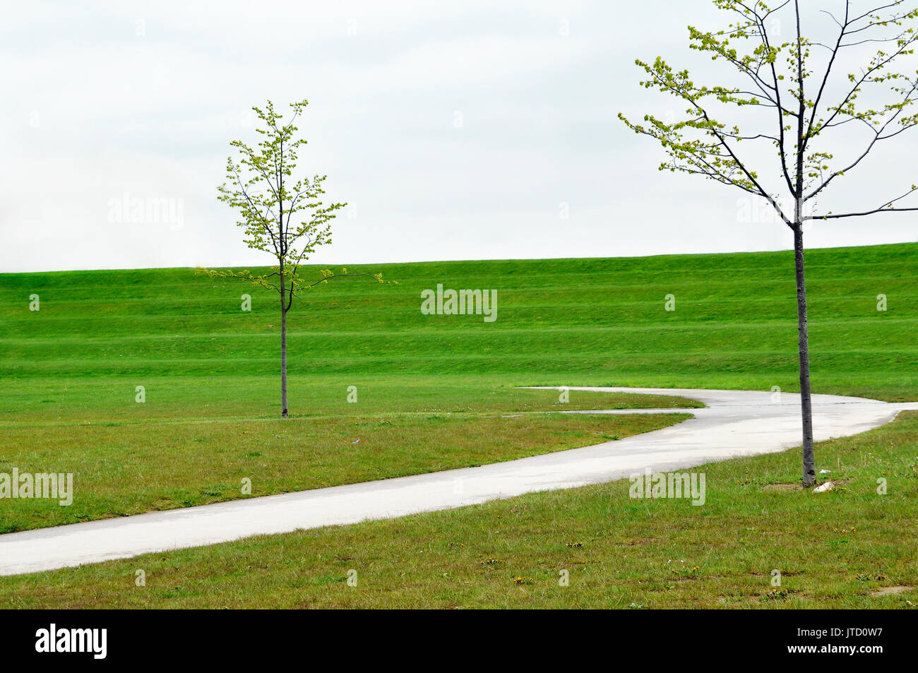 Nature Walk, Manmade Landscape, Greenery, Walkway, Curved Pathway, Trees, Grass and Dirt, Hill Surrounding, Manmade Hillside, Leaves, Overcast, Cloudy Stock Photo