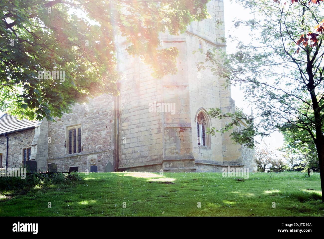 England, Church, Place of Worship, Religion, Holy Place, Trees, Light Flare, Sunshine, Cemetery, Burial Ground, Graves, Churchyard, Holy Place, Faith Stock Photo