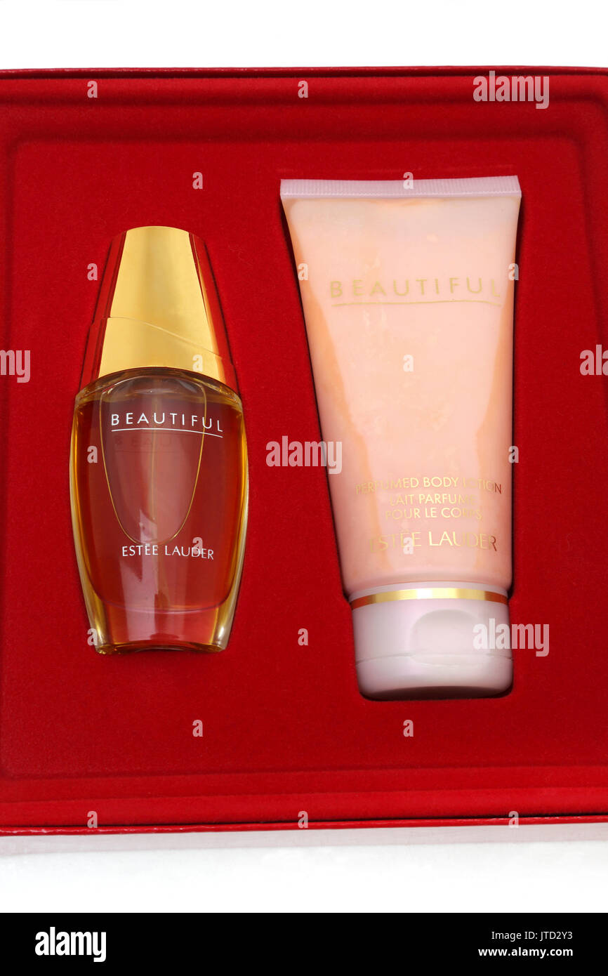 Beautiful Estee Lauder Eau De Parfum Spray and Body Lotion Gift Set Stock Photo