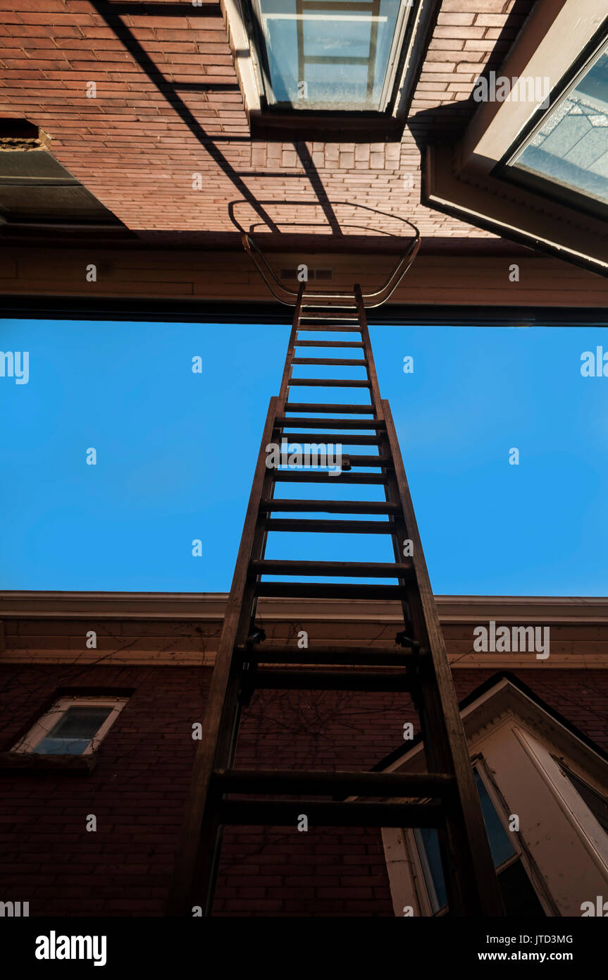 An extension ladder set up between two red brick houses, Ontario