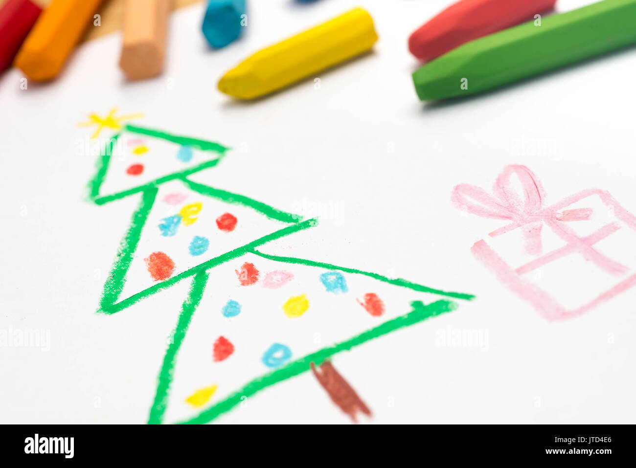 child crayon drawing, christmas tree , selective focus Stock Photo - Alamy