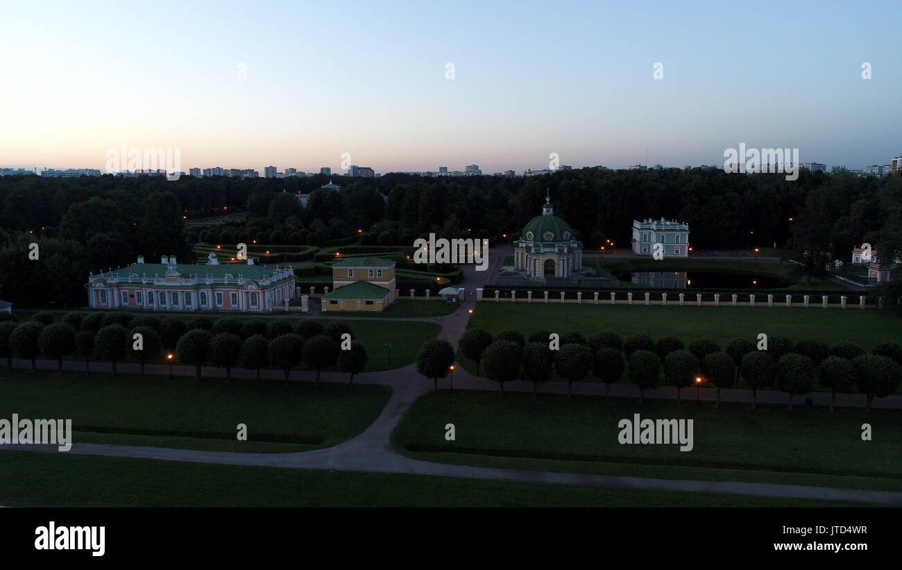 Manor of Kuskovo in Moscow in the evening. Aerial photography. Stock Photo
