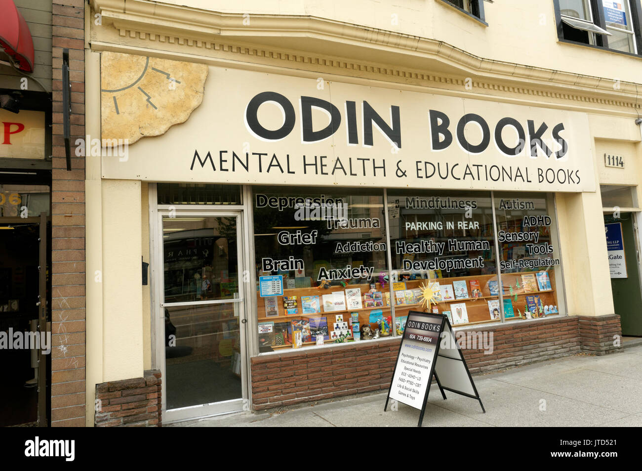 Odin Books mental health and educational bookstore on Broadway Street in Vancouver, BC, Canada Stock Photo