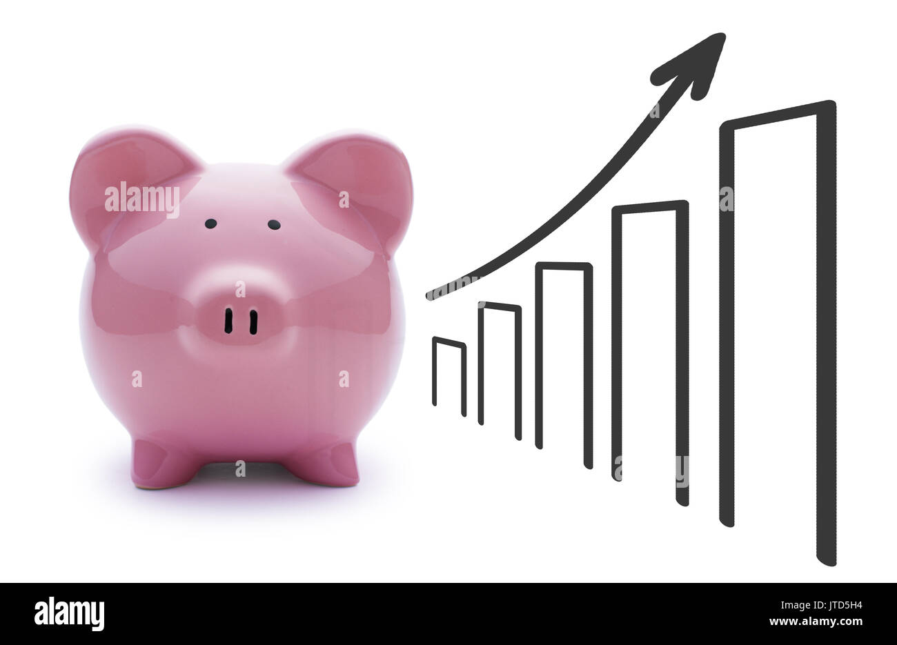 Pink pig piggy Bank on a white background and a chart with the arrow ...