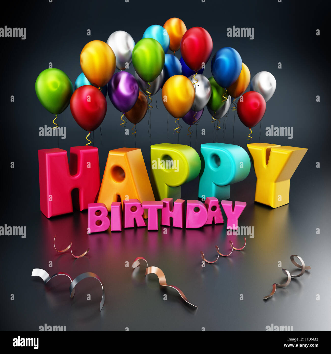 Happy Birthday Text And Party Balloons 3d Illustration Stock Photo Alamy