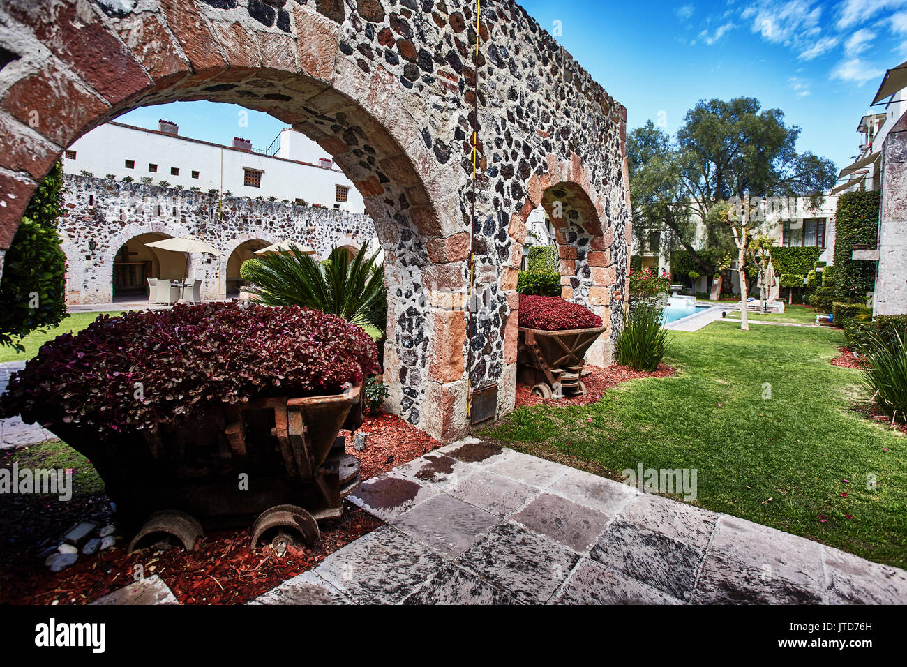 America; Mexico; Querétaro; Querétaro city; aqueduct In the garden of the hotel Doña Urraca Stock Photo