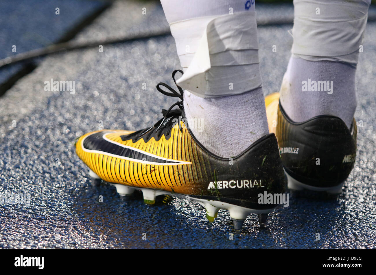 KYIV, UKRAINE - JULY 26, 2017: Close-up boots (Nike Mercurial) of footballer Derlis Gonzalez of FC Dynamo Kyiv during UEFA Champions League 3rd qualif Stock Photo