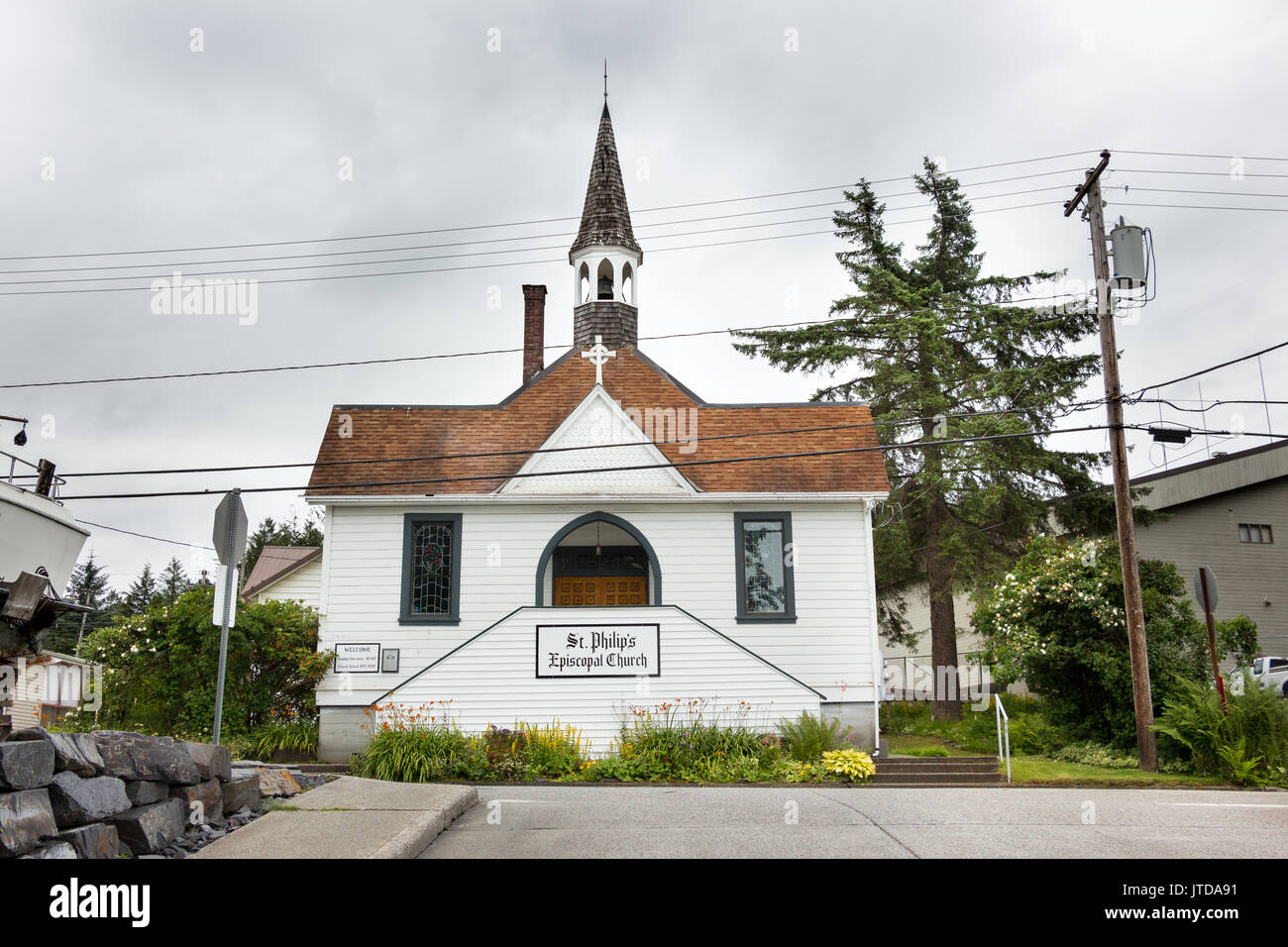 The St Philips Episcopal Church on Church Street at the downtown of Wrangell. Stock Photo