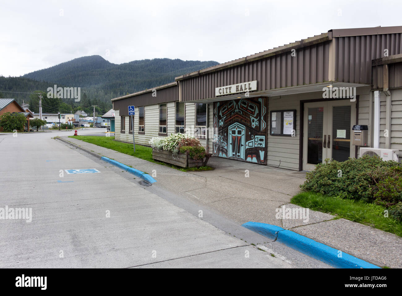 Wrangell, Alaska, USA July 24, 2017 Street view of The City Hall at