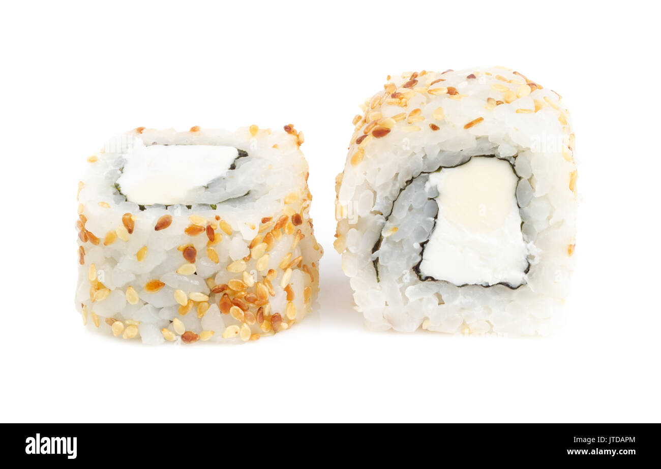 Japanese Sushi Food Sushi Rolls with Cream Cheese inside. Isolated on White Background Stock