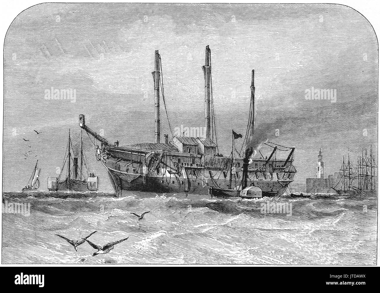 1870: Paddle Steamers around the wrecked hull of an old sailing ship, the River Thames, Essex,Southern England Stock Photo