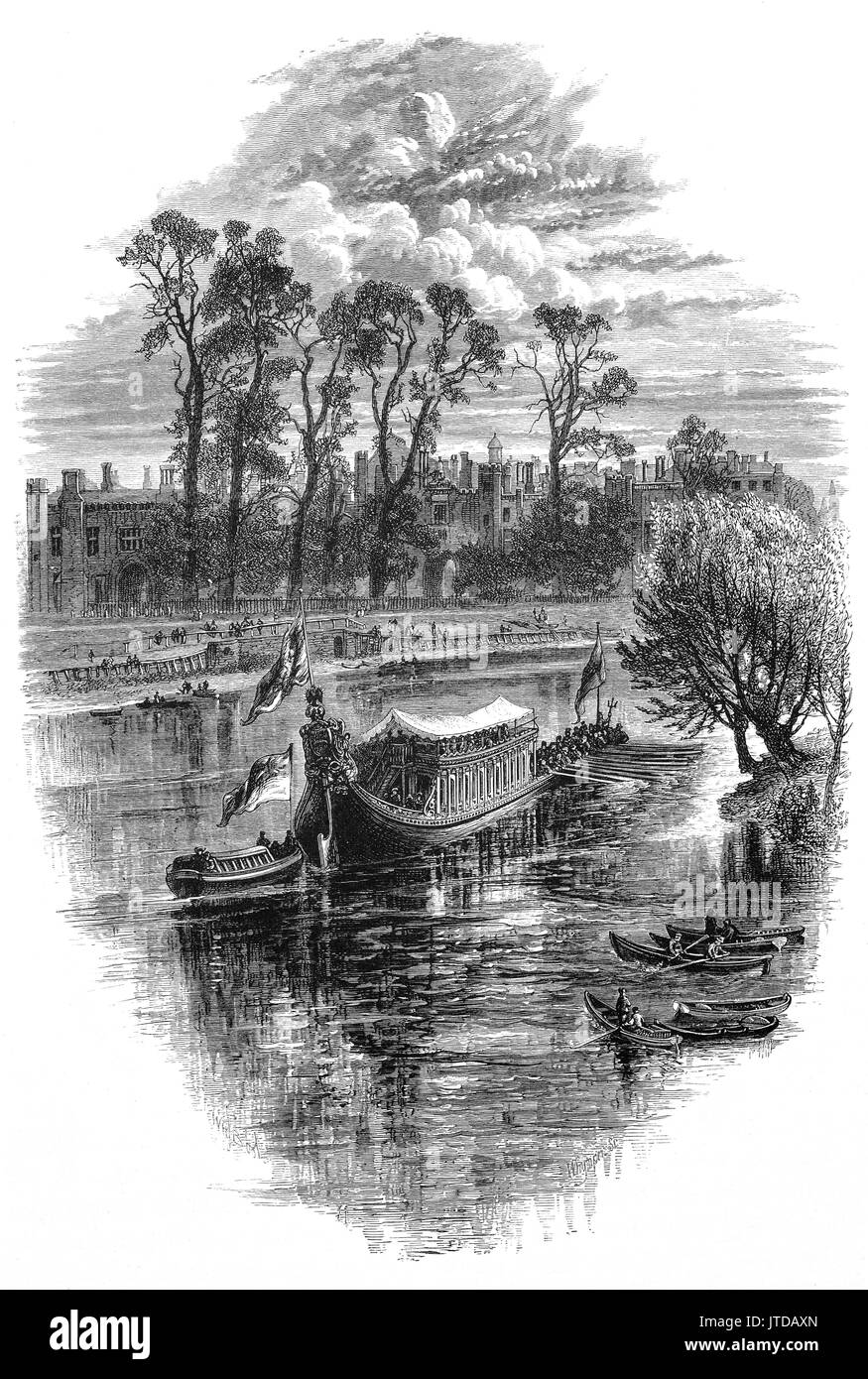 1870: A royal barge participating in the Gala Day on the River Thames at Hampton Court Palace in the borough of Richmond upon Thames, London, Surrey, England. Building of the palace began in 1515 for Cardinal Thomas Wolsey, a favourite of King Henry VIII and it was the first use of  Renaissance style architecture in Tudor England Stock Photo