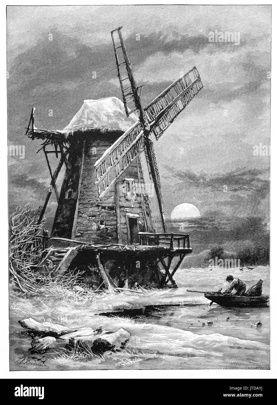 1870: On a frosty moonlit night, a wildfowler prepares his punt. On the River Thames near the old Hampton Windmill, Surrey, England Stock Photo