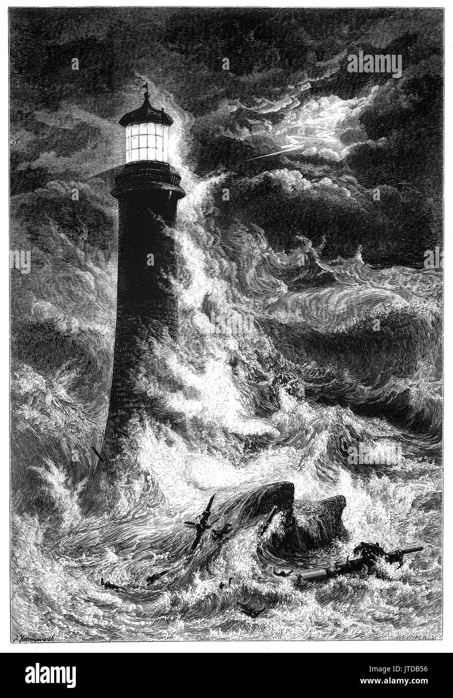 1870: Raging storms assault the Eddystone Lighthouse, 9 statute miles (14 km) south of Rame Head, Devon, England. This is Smeaton's Lighthouse, dating from 1759, the third lighthouse on the dangerous Eddystone Rocks. It remained in use until 1877 when erosion to the rocks under the lighthouse caused it to shake from side to side whenever large waves hit it. Stock Photo