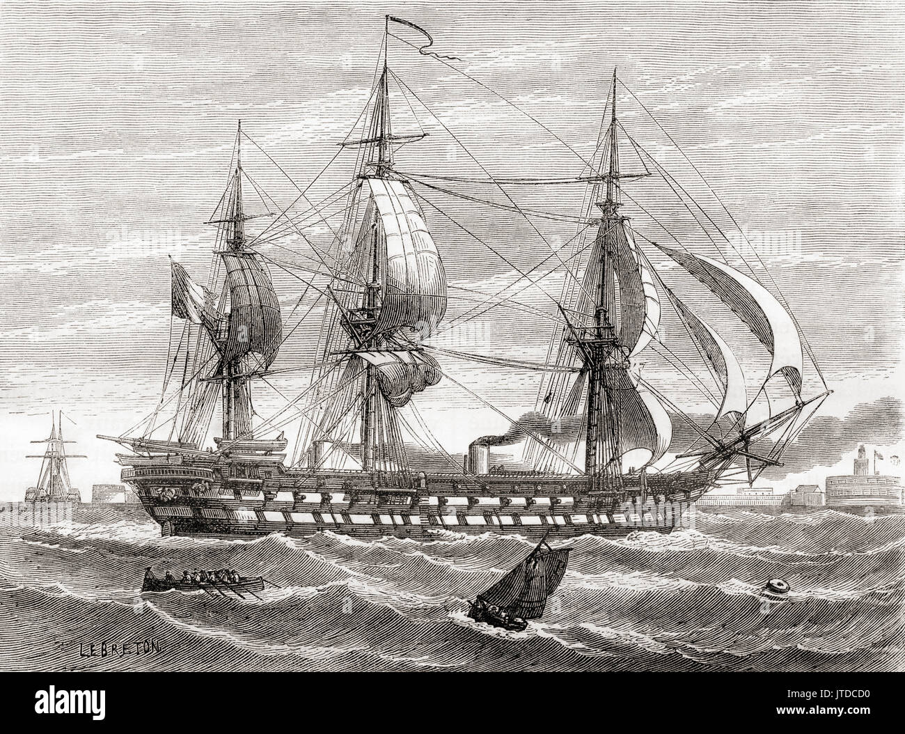 Napoléon, a 90-gun ship of the line of the French Navy, the first purpose-built steam battleship in the world.  From Les Merveilles de la Science, published 1870. Stock Photo