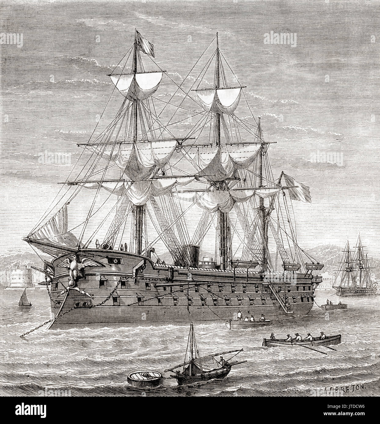 The Solférino, a broadside ironclad warship of the French Navy, launched in 1861.  From Les Merveilles de la Science, published 1870. Stock Photo