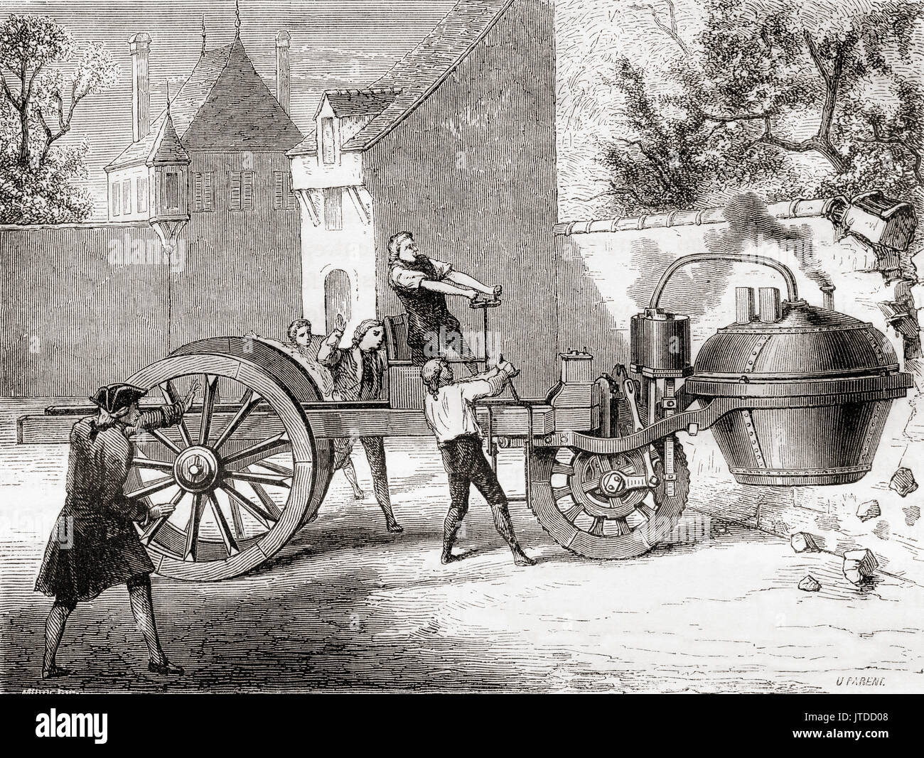 The first steam powered car, built by Cugnot, loses control and knocks down part of the arsenal's walls, Paris, France,1770. Nicolas-Joseph Cugnot, 1725 – 1804.  French inventor, builder of the first working self-propelled land-based mechanical vehicle, the world's first automobile.  From Les Merveilles de la Science, published 1870. Stock Photo