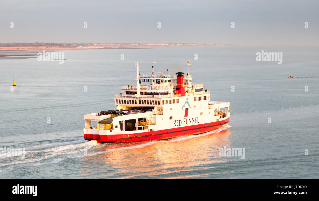 The Red Funnel ferry Red Falcon departs Southampton.  Red Funnel is a ferry company operating routes between England and the Isle of Wight. Stock Photo