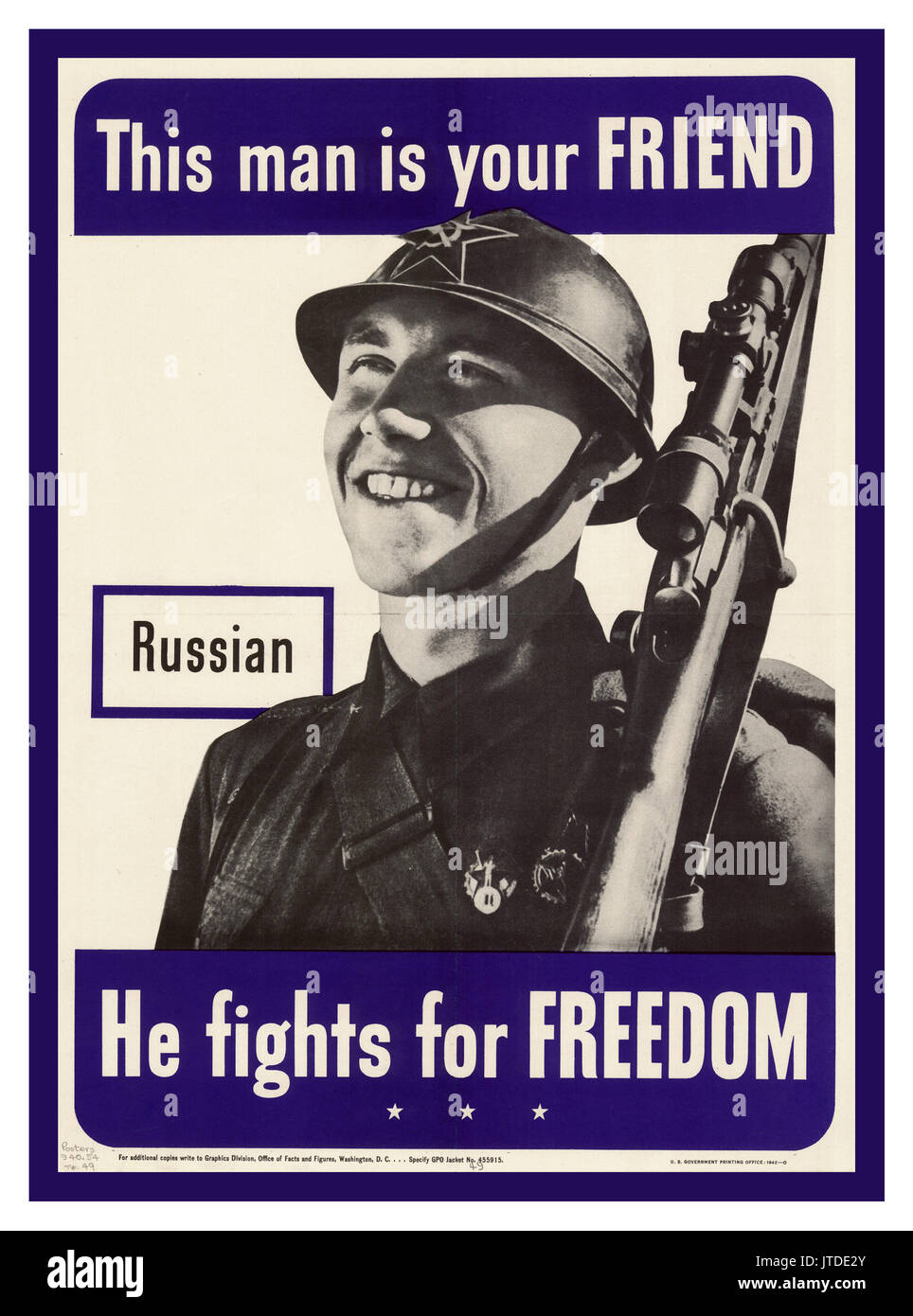 WW2 American Propaganda Poster showing a Russian Soldier as a friend fighting for freedom 1940's Stock Photo