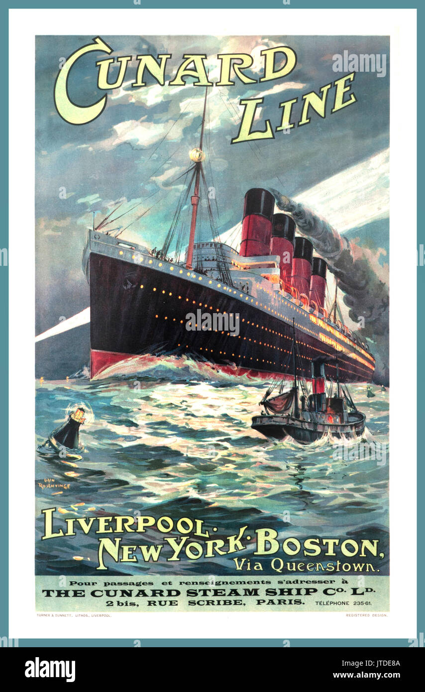 VINTAGE CUNARD LINE STEAM SHIP POSTER 1900's  The Cunard Lusitania and its sister, the Mauretania, were the largest and fastest steam ships on the sea, utilizing steam turbines for the first time. Stock Photo