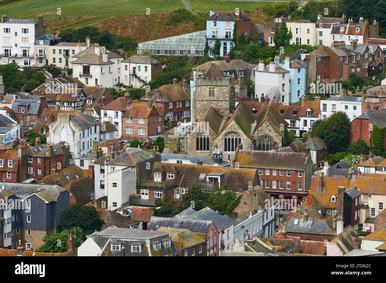 Hastings Old Town and St Clements church from East Hill, East Sussex