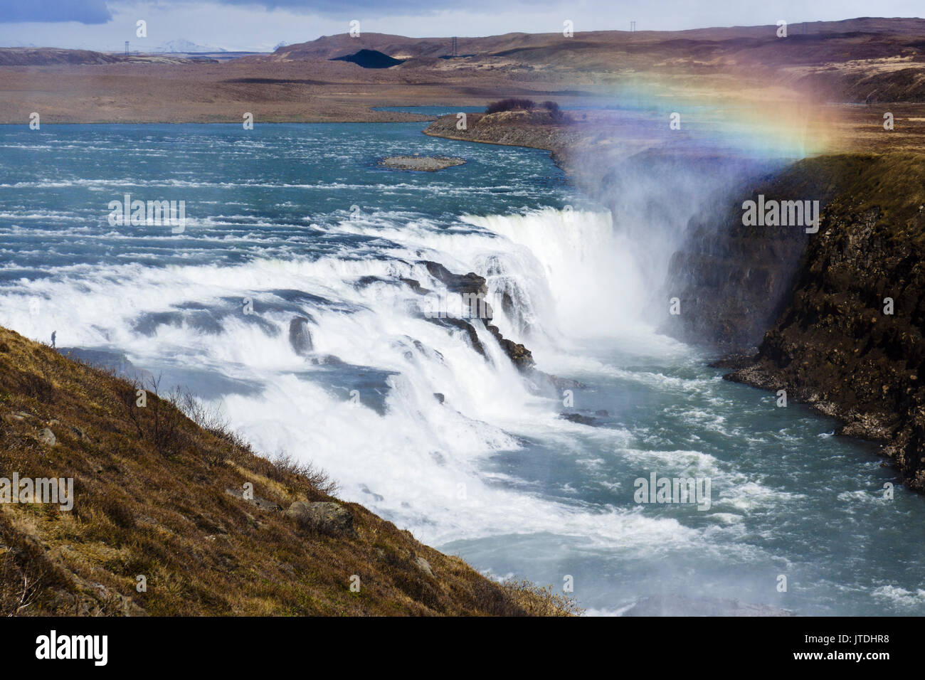 Gullfoss ('Golden Falls') is a waterfall located in the canyon of the Hvítá river in southwest Iceland. Stock Photo