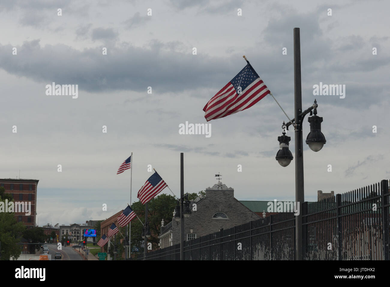 USA flags on a bridge Stock Photo