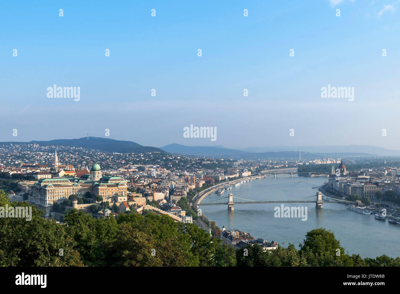 Early morning view from Gellert hill over the Danube with the Royal Palace to the left, Budapest,Hungary Stock Photo