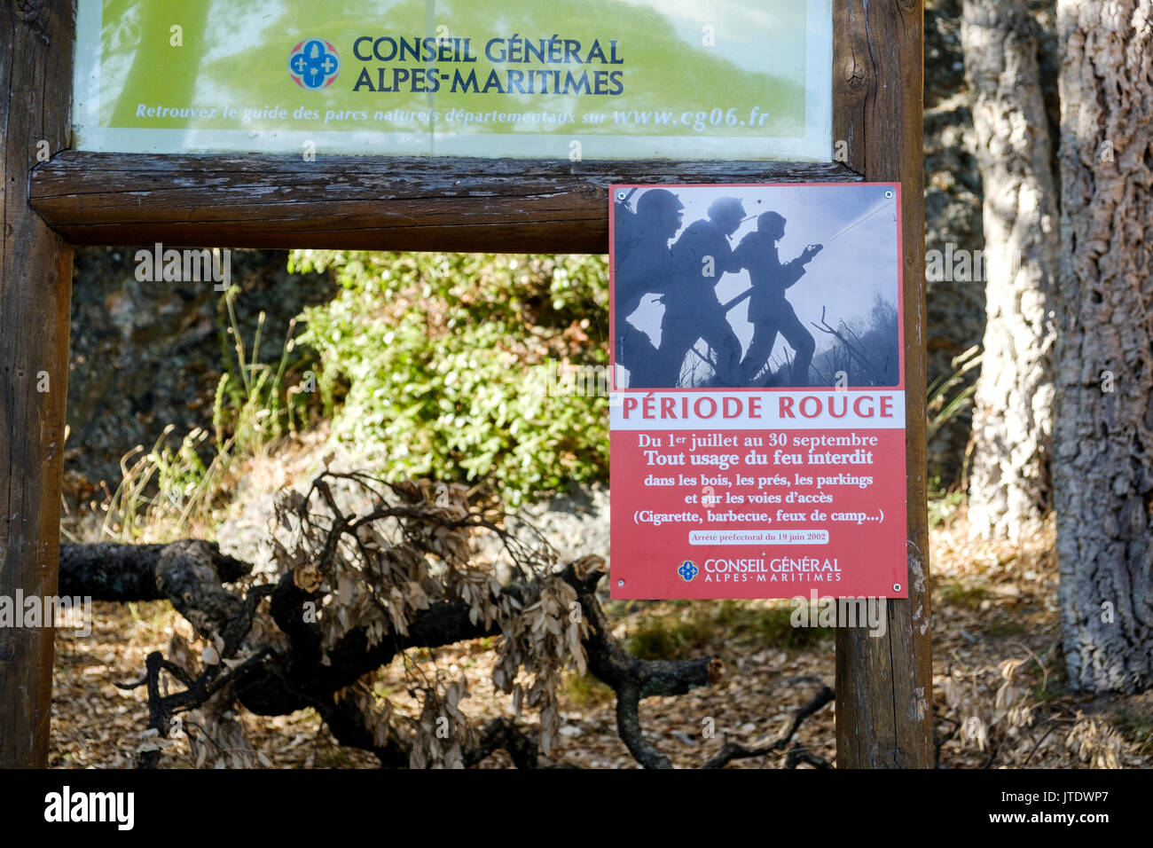 A sign or notice showing a state of red or rouge warning for forest fires in the  Maritime Alps south east region of france Stock Photo