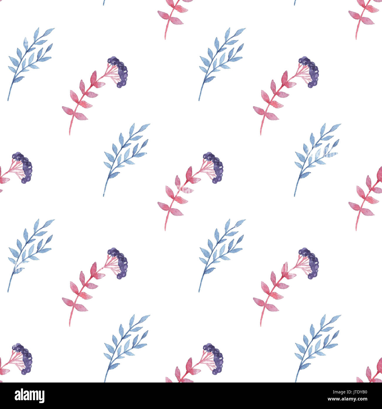 Floral watercolor seamless pattern with blue branch and flowers on a ...