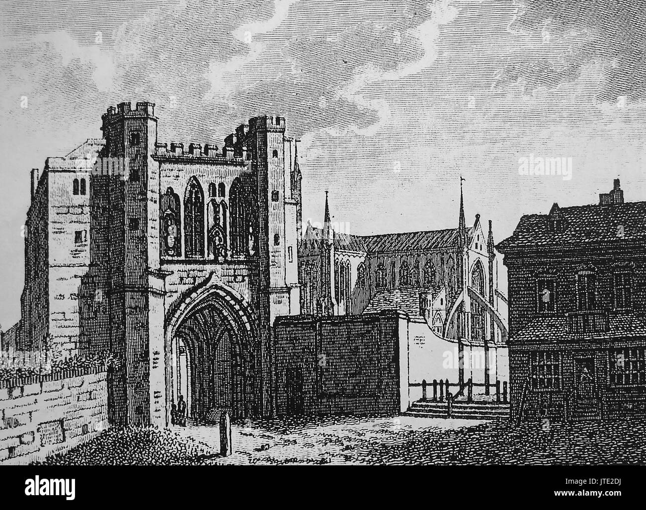 A 1788 illustration depicting Edgar's Tower (Cathedral gatehouse built on the site of the entrance to the former Worcester Castle) Stock Photo