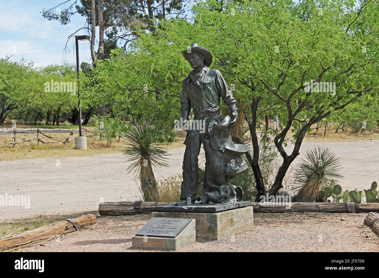 Vail, Arizona, USA, April 10, 2017:  Cowboy statue, a tribute to a special breed, near the picnic area on La Posta Quemada Ranch in Colossal Cave Moun Stock Photo
