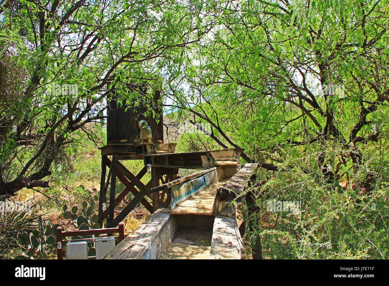 Hidden old mining sluice box with water barrel in the butterfly garden on La Posta Quemada Ranch in Colossal Cave Mountain Park in Vail, Arizona, USA Stock Photo