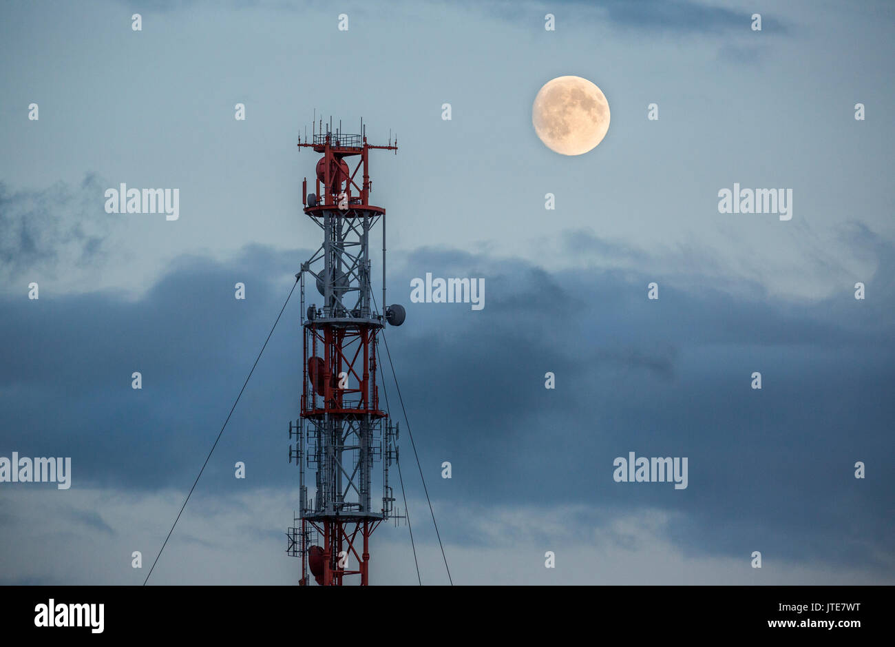 Radio tower and a moon Stock Photo