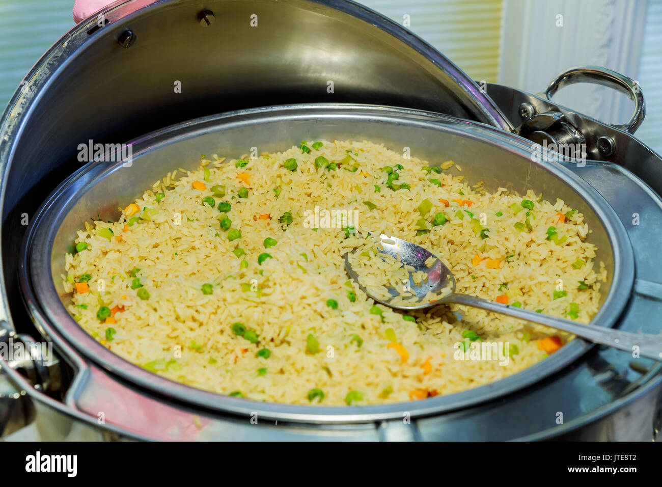 Udon stirfry rice with shrimp and vegetables in wok pan Rice with