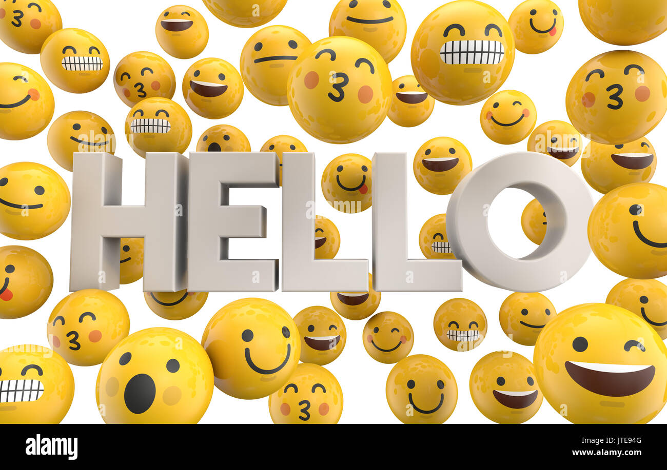 Set of emoji emoticon character faces with the word hello, 3D Stock