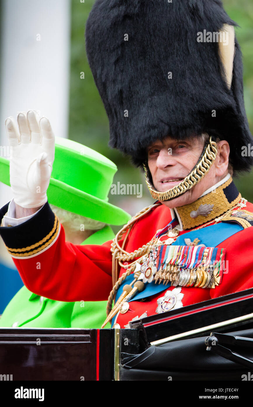 HRH Prince Philip, Duke of Edinburgh wearing the dress uniform for the Grenadier Guards, where he serves as an honorary colonel. Trooping the Colour. Stock Photo